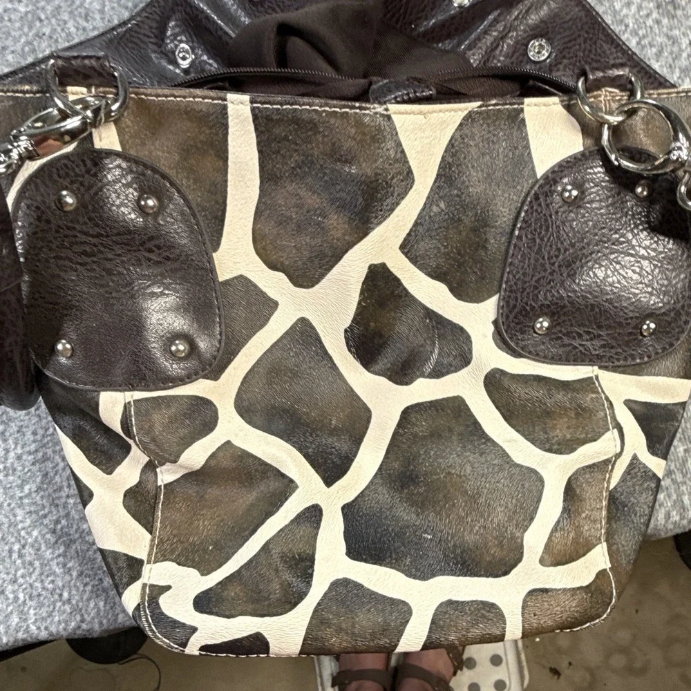 Brown/Cream Animal Print Satchel Top Handle Studded Silver Pockets